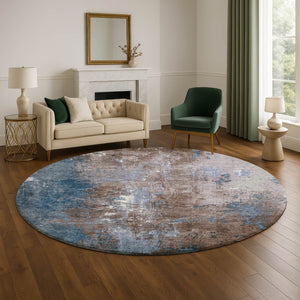 HomeRoots 8' Brown and Blue Abstract Washable Round Rug – Durable, Stylish, UV-Protected for High Traffic Areas 706334