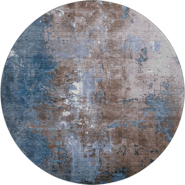 HomeRoots 8' Brown and Blue Abstract Washable Round Rug – Durable, Stylish, UV-Protected for High Traffic Areas 706334
