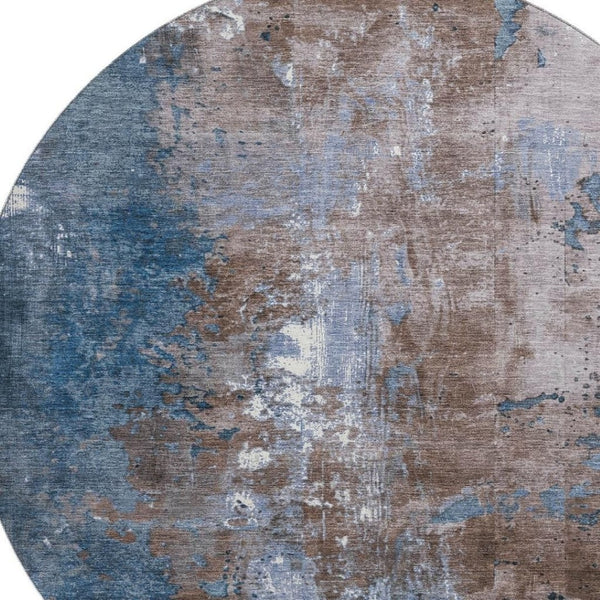 HomeRoots 8' Brown and Blue Abstract Washable Round Rug – Durable, Stylish, UV-Protected for High Traffic Areas 706334
