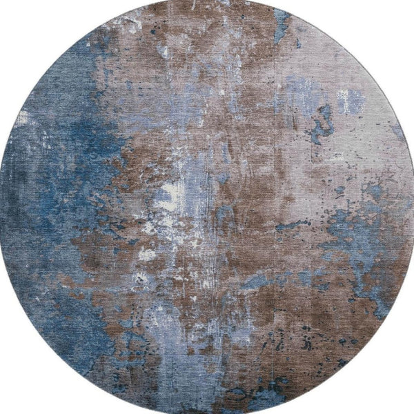 HomeRoots 8' Brown and Blue Abstract Washable Round Rug – Durable, Stylish, UV-Protected for High Traffic Areas 706334