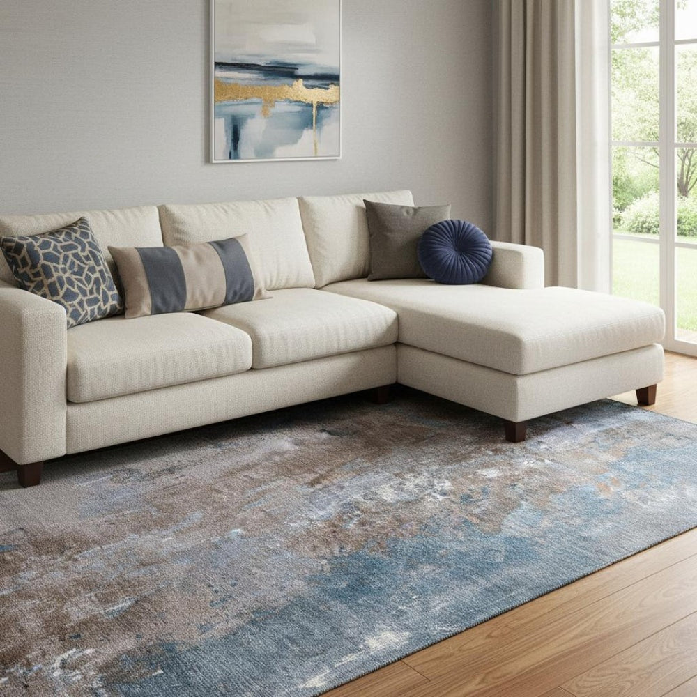 HomeRoots 8' X 10' Washable Abstract Area Rug in Brown & Blue – Durable, UV-Protected, Non-Slip for High-Traffic Areas 706335
