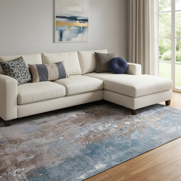 HomeRoots 8' X 10' Washable Abstract Area Rug in Brown & Blue – Durable, UV-Protected, Non-Slip for High-Traffic Areas 706335