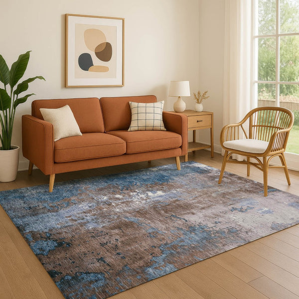 HomeRoots 8' X 10' Washable Abstract Area Rug in Brown & Blue – Durable, UV-Protected, Non-Slip for High-Traffic Areas 706335