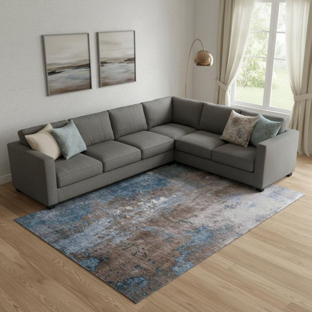HomeRoots 9' X 12' Brown and Blue Abstract Area Rug - Washable, UV Protected, Durable for Busy Homes & Pets 706336