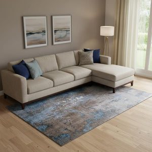HomeRoots 10' X 14' Brown And Blue Abstract Washable Area Rug - Durable, UV-Protected, Perfect for High Traffic! 706337