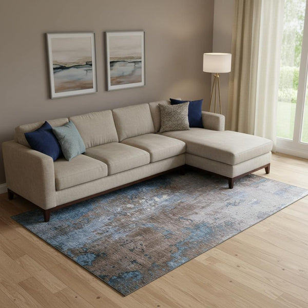HomeRoots 10' X 14' Brown And Blue Abstract Washable Area Rug - Durable, UV-Protected, Perfect for High Traffic! 706337