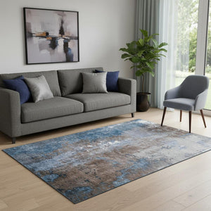 HomeRoots 5' X 8' Stylish Coffee and Blue Abstract Washable Area Rug - UV Protected, Stain-Resistant Design! 706339