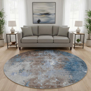 HomeRoots 8' Modern Abstract Round Rug in Coffee & Blue - Durable, Washable, UV-Protected, Family-Friendly Design 706340