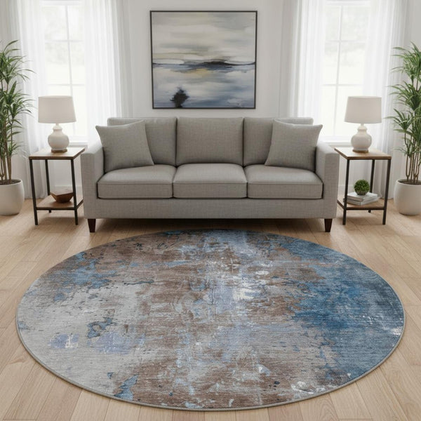 HomeRoots 8' Modern Abstract Round Rug in Coffee & Blue - Durable, Washable, UV-Protected, Family-Friendly Design 706340