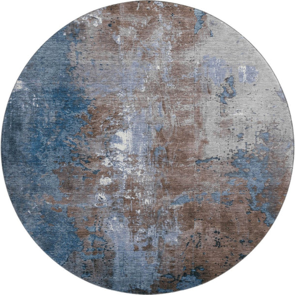 HomeRoots 8' Modern Abstract Round Rug in Coffee & Blue - Durable, Washable, UV-Protected, Family-Friendly Design 706340