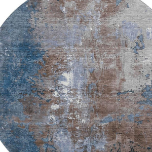HomeRoots 8' Modern Abstract Round Rug in Coffee & Blue - Durable, Washable, UV-Protected, Family-Friendly Design 706340