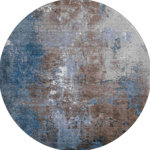 HomeRoots 8' Modern Abstract Round Rug in Coffee & Blue - Durable, Washable, UV-Protected, Family-Friendly Design 706340