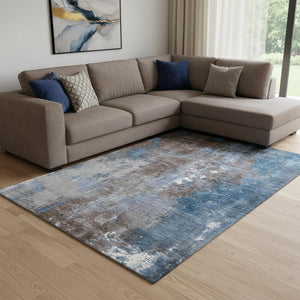 HomeRoots 8' X 10' Stylish Coffee & Blue Abstract Area Rug - Washable, Stain-Resistant, UV Protected & Durable 706341