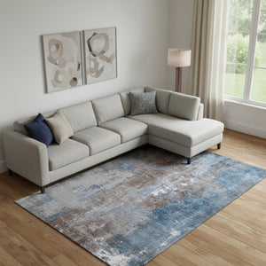 HomeRoots 9' X 12' Coffee and Blue Abstract Area Rug - Washable, UV Protected, Stain Resistant, Soft Touch! 706342