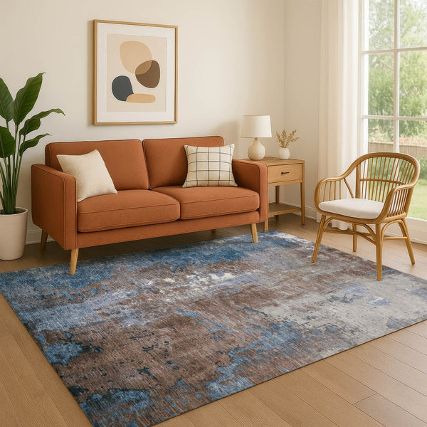 HomeRoots 9' X 12' Coffee and Blue Abstract Area Rug - Washable, UV Protected, Stain Resistant, Soft Touch! 706342