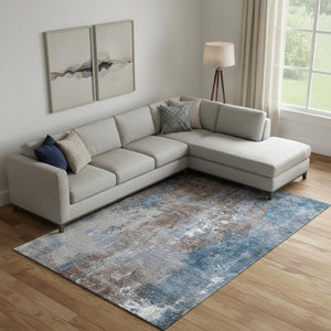 HomeRoots 10' X 14' Coffee and Blue Abstract Area Rug - Durable, Washable, UV-Protected for High-Traffic Spaces 706343