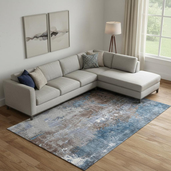 HomeRoots 10' X 14' Coffee and Blue Abstract Area Rug - Durable, Washable, UV-Protected for High-Traffic Spaces 706343