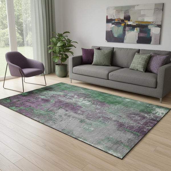 HomeRoots 5' X 8' Vibrant Emerald & Purple Abstract Area Rug - Washable, UV Protected & Non-Slip Design! 706345