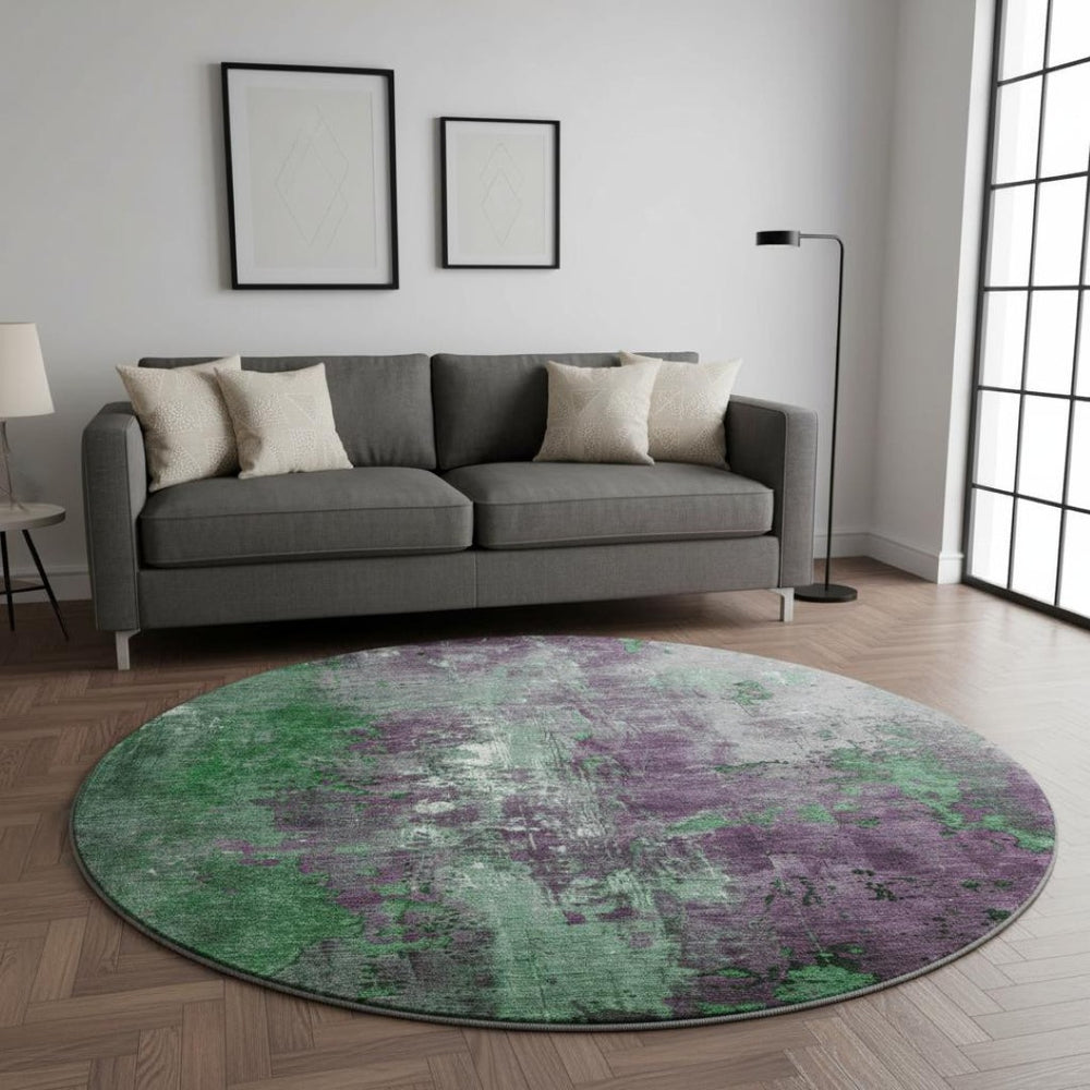 HomeRoots 8' Vibrant Emerald and Purple Abstract Round Rug - Washable, UV-Protected, Non-Slip, Durable Design 706346