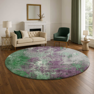 HomeRoots 8' Vibrant Emerald and Purple Abstract Round Rug - Washable, UV-Protected, Non-Slip, Durable Design 706346