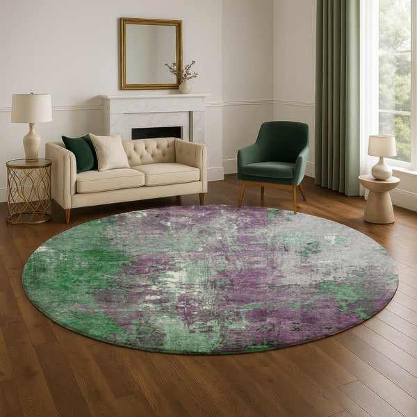 HomeRoots 8' Vibrant Emerald and Purple Abstract Round Rug - Washable, UV-Protected, Non-Slip, Durable Design 706346