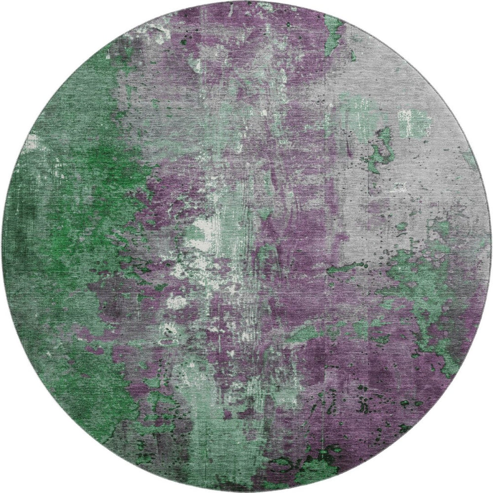 HomeRoots 8' Vibrant Emerald and Purple Abstract Round Rug - Washable, UV-Protected, Non-Slip, Durable Design 706346