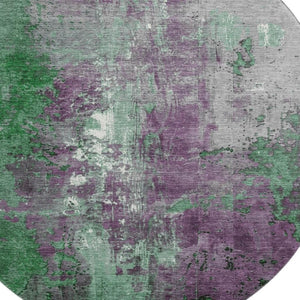 HomeRoots 8' Vibrant Emerald and Purple Abstract Round Rug - Washable, UV-Protected, Non-Slip, Durable Design 706346