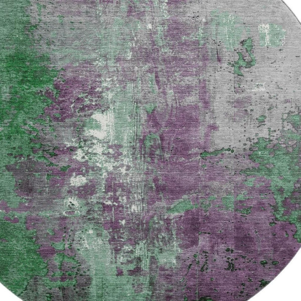 HomeRoots 8' Vibrant Emerald and Purple Abstract Round Rug - Washable, UV-Protected, Non-Slip, Durable Design 706346