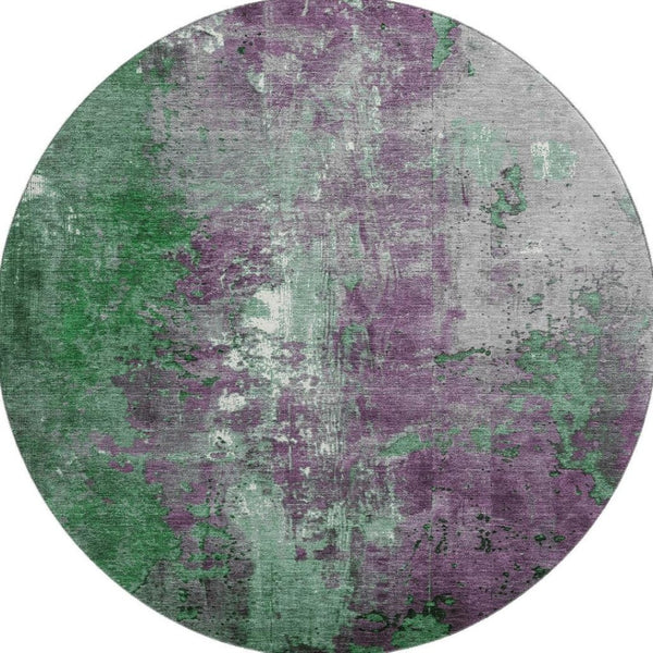 HomeRoots 8' Vibrant Emerald and Purple Abstract Round Rug - Washable, UV-Protected, Non-Slip, Durable Design 706346
