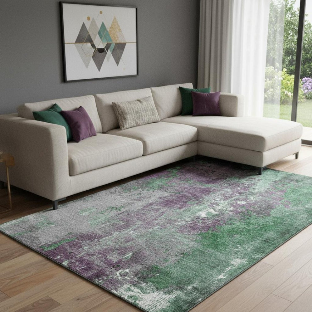 HomeRoots 8' X 10' Emerald & Purple Abstract Area Rug – Washable, UV-Protected, Stain-Resistant Design for Homes 706347