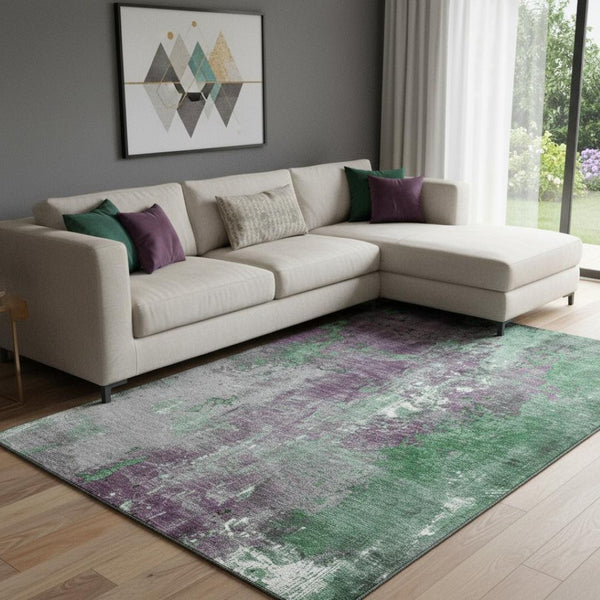 HomeRoots 8' X 10' Emerald & Purple Abstract Area Rug – Washable, UV-Protected, Stain-Resistant Design for Homes 706347