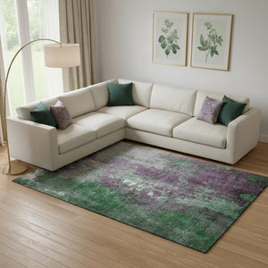 HomeRoots 9' X 12' Vibrant Emerald & Purple Abstract Washable Area Rug with UV Protection & Stain Resistance 706348