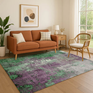 HomeRoots 9' X 12' Vibrant Emerald & Purple Abstract Washable Area Rug with UV Protection & Stain Resistance 706348