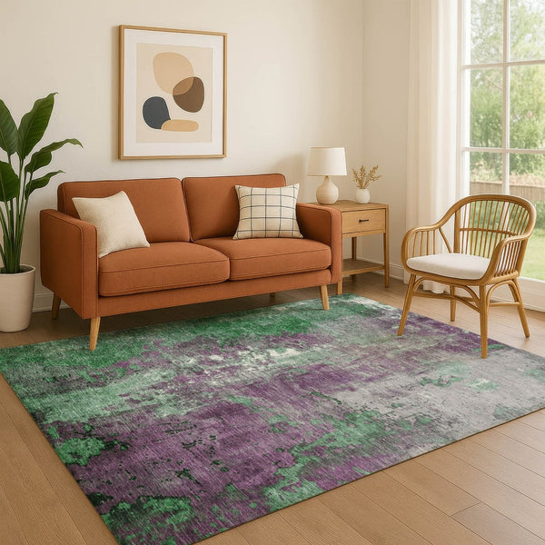 HomeRoots 9' X 12' Vibrant Emerald & Purple Abstract Washable Area Rug with UV Protection & Stain Resistance 706348