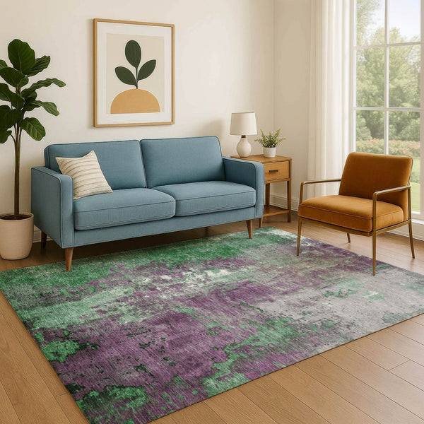 HomeRoots 9' X 12' Vibrant Emerald & Purple Abstract Washable Area Rug with UV Protection & Stain Resistance 706348