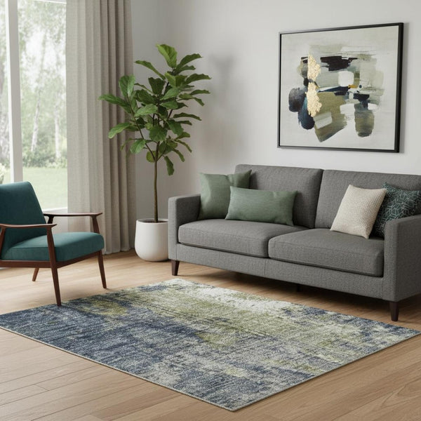 HomeRoots 5' X 8' Khaki and Blue Abstract Area Rug – Stylish, Washable, UV-Protected for Busy Homes & Pets 706351
