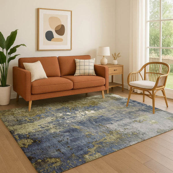 HomeRoots 5' X 8' Khaki and Blue Abstract Area Rug – Stylish, Washable, UV-Protected for Busy Homes & Pets 706351