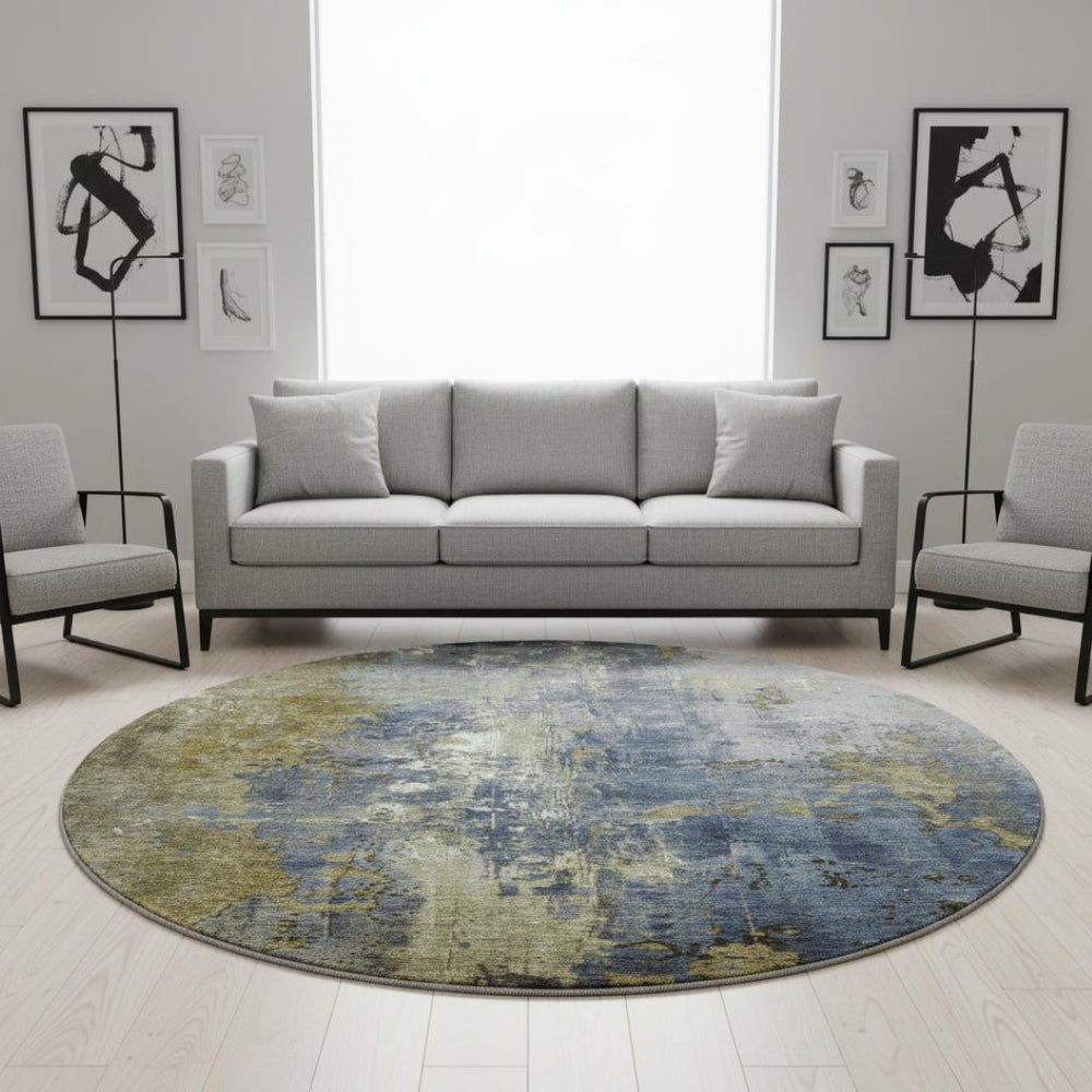 HomeRoots 8' Khaki and Blue Abstract Washable Round Rug - UV Protected, Stain Resistant, Easy-Care Design 706352