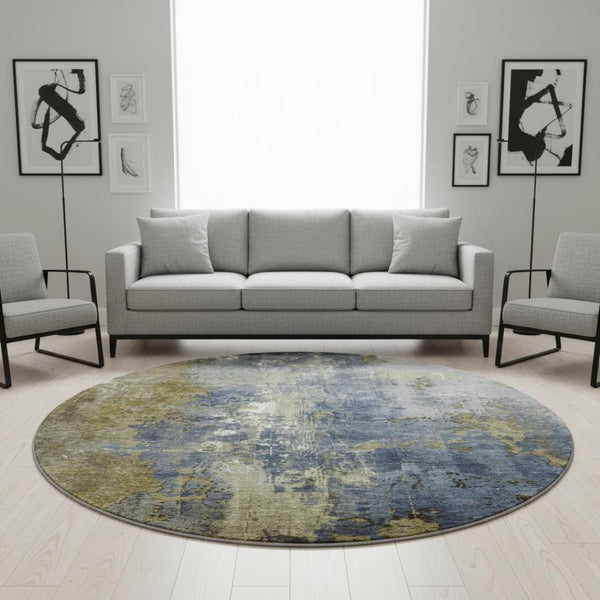 HomeRoots 8' Khaki and Blue Abstract Washable Round Rug - UV Protected, Stain Resistant, Easy-Care Design 706352