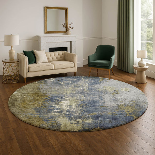 HomeRoots 8' Khaki and Blue Abstract Washable Round Rug - UV Protected, Stain Resistant, Easy-Care Design 706352