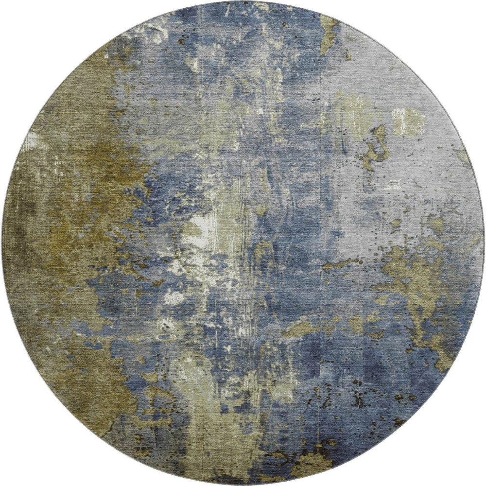 HomeRoots 8' Khaki and Blue Abstract Washable Round Rug - UV Protected, Stain Resistant, Easy-Care Design 706352
