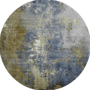 HomeRoots 8' Khaki and Blue Abstract Washable Round Rug - UV Protected, Stain Resistant, Easy-Care Design 706352