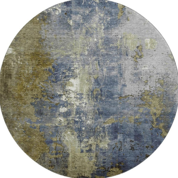 HomeRoots 8' Khaki and Blue Abstract Washable Round Rug - UV Protected, Stain Resistant, Easy-Care Design 706352