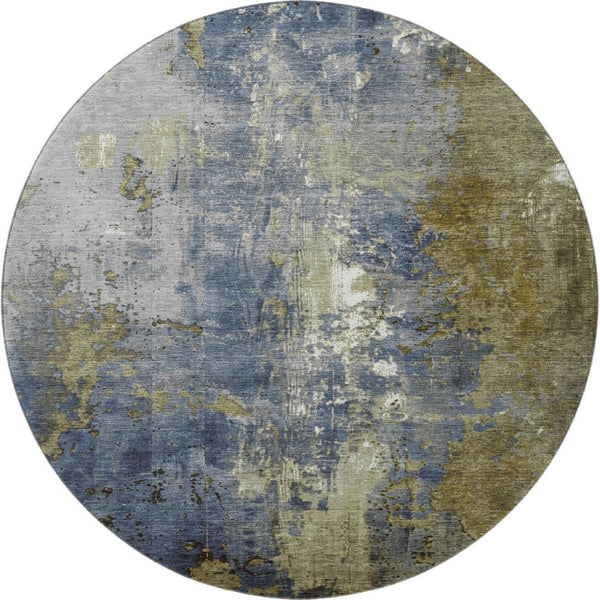HomeRoots 8' Khaki and Blue Abstract Washable Round Rug - UV Protected, Stain Resistant, Easy-Care Design 706352