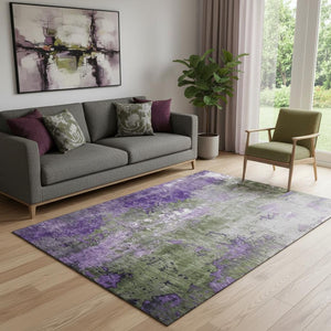 HomeRoots 5' X 8' Olive Green & Purple Abstract Washable Area Rug - Stylish, Stain-Resistant, UV Protected! 706357