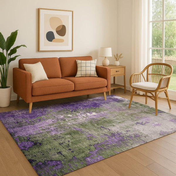 HomeRoots 5' X 8' Olive Green & Purple Abstract Washable Area Rug - Stylish, Stain-Resistant, UV Protected! 706357