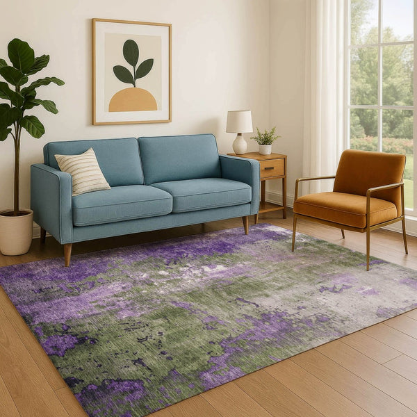 HomeRoots 5' X 8' Olive Green & Purple Abstract Washable Area Rug - Stylish, Stain-Resistant, UV Protected! 706357