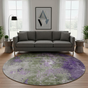 HomeRoots 8' Olive Green and Purple Abstract Round Rug - Washable, UV Protected, Durable for Indoor & Outdoor Use 706358