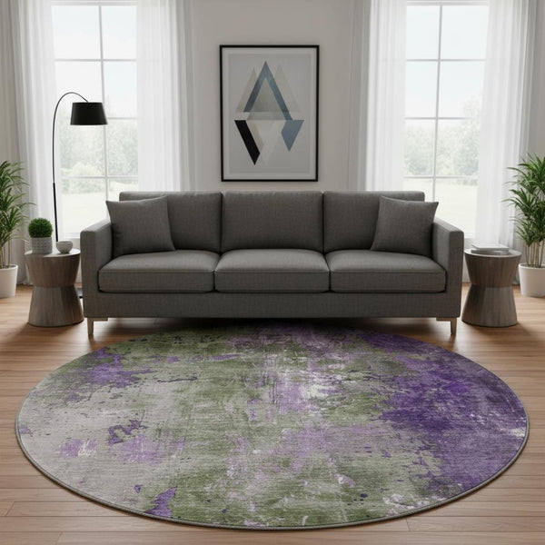 HomeRoots 8' Olive Green and Purple Abstract Round Rug - Washable, UV Protected, Durable for Indoor & Outdoor Use 706358