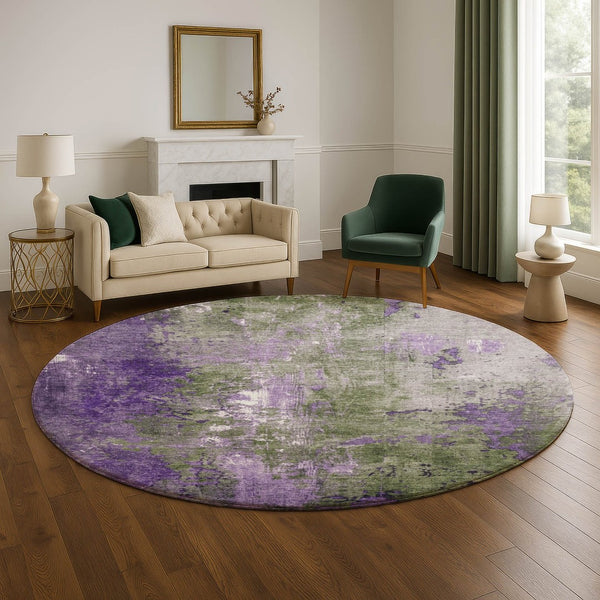 HomeRoots 8' Olive Green and Purple Abstract Round Rug - Washable, UV Protected, Durable for Indoor & Outdoor Use 706358
